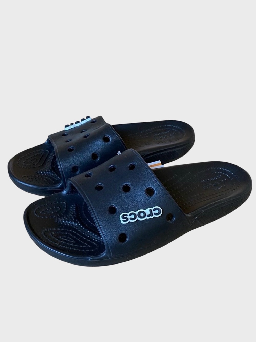 NWT Crocs Classic Slide Sandals in Black Size Men 8 Women 10 with Crocs Charms